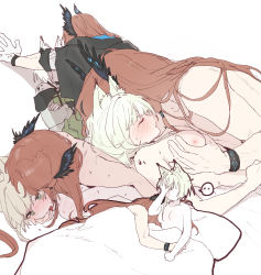 Rule 34 | 1boy, 1girl, aftersex, animal ear fluff, animal ears, arknights, blush, breasts, brown hair, cat ears, closed eyes, dal-gi, dress, gloves, green dress, green eyes, head wings, hetero, highres, implied sex, kal&#039;tsit (arknights), light green hair, medium breasts, multiple views, nipples, nose blush, nude, passenger (arknights), sex, simple background, white background, white gloves, wings