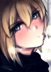Rule 34 | 1girl, absurdres, black scarf, blonde hair, blush, commentary, english commentary, eyes visible through hair, fate (series), grey eyes, hair between eyes, highres, looking at viewer, nickfluff, okita souji (fate), open mouth, scarf, short hair, simple background, snow, solo, steam