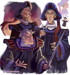 Rule 34 | 1boy, absurdres, black robe, claude frollo, colored sclera, disney, esmeralda (disney), french-unicorn, grey hair, hand puppet, hat, hat tassel, high collar, highres, holding, holding sword, holding weapon, jewelry, long sleeves, male focus, multiple rings, puppet, ring, robe, short hair, shoulder pads, sword, the hunchback of notre dame, tricorne, twitter username, variations, weapon, wide sleeves, yellow sclera