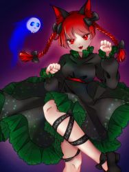 Rule 34 | 1girl, :3, :d, animal ears, black bow, black dress, black footwear, black ribbon, bow, braid, cat ears, cat tail, clenched hands, dark background, dress, fang, footwear bow, frilled dress, frills, hair bow, hitodama, kaenbyou rin, leg ribbon, long sleeves, looking at viewer, multiple tails, open mouth, red eyes, red hair, ribbon, side braids, smile, solo, tail, touhou, twin braids, two tails, utagi 0216