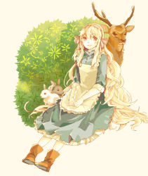 Rule 34 | 1girl, aiki (037), animal, antlers, apron, blue dress, boots, brown footwear, collared dress, deer, dress, foliage, frilled apron, frilled dress, frills, hair between eyes, hair ornament, hairband, hands on own thighs, horns, kagerou project, kozakura marry, leaf, long hair, mekakucity actors, nature, pink eyes, pink hairband, pink ribbon, plant, rabbit, ribbon, sitting, sleeve cuffs, sleeves past wrists, very long hair, white apron, white background