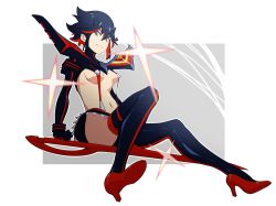 Rule 34 | 1girl, black hair, blue eyes, boots, breasts, high heel boots, high heels, highres, kill la kill, looking at viewer, matoi ryuuko, medium breasts, midriff, multicolored hair, navel, red hair, scissor blade (kill la kill), short hair, simple background, sitting, skirt, smile, solo, thigh boots, thighhighs, thighs, underboob, weapon
