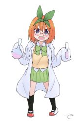 Rule 34 | 1girl, :d, bespectacled, black socks, blue eyes, blush, bow, collared shirt, commentary request, eyebrows hidden by hair, flask, full body, glasses, go-toubun no hanayome, green bow, green ribbon, green skirt, hair between eyes, hair ribbon, highres, kneehighs, kujou karasuma, lab coat, long sleeves, looking at viewer, nakano yotsuba, open clothes, open mouth, orange hair, pleated skirt, red-framed eyewear, ribbon, round-bottom flask, shirt, shoes, signature, simple background, skirt, sleeves past fingers, sleeves past wrists, smile, socks, solo, standing, sweater vest, teeth, upper teeth only, uwabaki, vial, white background, white footwear, white shirt