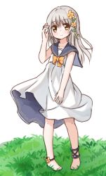 Rule 34 | 1girl, arm up, bare arms, barefoot, blush, bow, closed mouth, dress, feet, flower, full body, grass, grey hair, hair between eyes, hair flower, hair ornament, head tilt, long hair, looking at viewer, on grass, orange bow, orange eyes, original, sailor dress, simple background, sleeveless, sleeveless dress, solo, standing, two-sided fabric, two-sided skirt, white background, white dress, wind, wind lift, yuuhagi (amaretto-no-natsu)