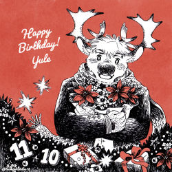 Rule 34 | 1boy, animal ears, antlers, blush, bouquet, character name, christmas ornaments, commentary request, dated, deer ears, english text, flower, furry, furry male, gift, gloves, greyscale with colored background, happy birthday, holding, holding bouquet, horns, long sleeves, male focus, monochrome, open mouth, red background, red flower, red ribbon, red theme, reindeer antlers, reindeer boy, ribbon, scarf, short hair, smile, solo, thick eyebrows, tokyo houkago summoners, tsukinowadou, upper body, yule (housamo)
