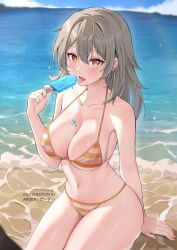 Rule 34 | 1girl, ardenlolo, arm support, armpit crease, artist name, beach, bikini, blue sky, blush, breasts, cloud, collarbone, commentary, cowboy shot, english commentary, food, grey hair, hair between eyes, halterneck, hand up, holding, holding food, holding ice cream, honkai: star rail, honkai (series), ice cream, large breasts, lying, medium hair, midriff, mixed-language commentary, navel, on stomach, sitting, sky, solo, stelle (honkai: star rail), string bikini, swimsuit, thighs, tongue, tongue out, trailblazer (honkai: star rail), yellow eyes