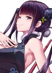 Rule 34 | 1girl, absurdres, blue eyes, blunt bangs, breasts, closed mouth, fate/grand order, fate (series), fingernails, hair ornament, highres, huge filesize, long hair, looking at viewer, purple hair, simple background, smile, solo, takahan, twintails, upper body, white background, yang guifei (fate), yang guifei (second ascension) (fate)