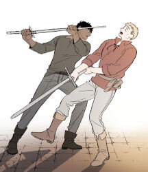 Rule 34 | 2boys, black hair, blonde hair, blue eyes, boots, brown footwear, collared shirt, commentary, daki info, dark-skinned male, dark skin, dungeon meshi, full body, grey footwear, hands up, highres, holding, holding sword, holding weapon, kabru, laios touden, long sleeves, looking at another, male focus, multiple boys, open mouth, practicing, shirt, short hair, standing, sword, sword fight, symbol-only commentary, very short hair, weapon, white background, yellow eyes