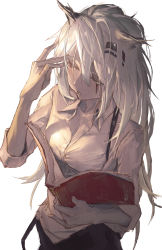 Rule 34 | 1girl, absurdres, animal ears, arknights, black pants, book, breasts, cleavage, collared shirt, commentary, cowboy shot, dress shirt, eyelashes, female focus, grey eyes, hair between eyes, hair ornament, hairclip, hand on own head, highres, holding, holding book, lappland (arknights), lips, long hair, medium breasts, messy hair, neg (101neg), open book, pants, scar, scar across eye, scar on face, shirt, silver hair, simple background, solo, suspenders, suspenders slip, white background, white shirt, wing collar, wolf ears