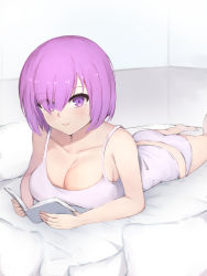 Rule 34 | 1girl, bad anatomy, bad id, bad pixiv id, bare shoulders, blacktheif, book, breasts, commentary request, eyes visible through hair, fate/grand order, fate (series), highres, holding, holding book, large breasts, lying, mash kyrielight, on stomach, panties, pink eyes, pink hair, shirt, short hair, smile, solo, underwear, white panties, white shirt