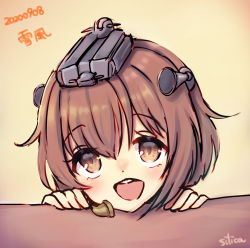 Rule 34 | 1girl, beige background, brown eyes, brown hair, character name, commentary request, dated, gradient background, headgear, headset, kantai collection, one-hour drawing challenge, open mouth, round teeth, short hair, silica (silica silylate), smile, solo, speaking tube headset, table, teeth, upper body, upper teeth only, yukikaze (kancolle)