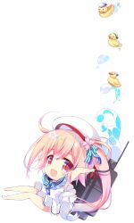 Rule 34 | 10s, 1girl, :d, anchor symbol, bare legs, beret, chibi, dress, flower, flower-shaped pupils, hair flower, hair ornament, harusame (kancolle), hat, highres, kantai collection, long hair, looking at viewer, open mouth, pink hair, red eyes, ringo sui, rubber duck, sailor collar, side ponytail, smile, solo, symbol-shaped pupils, transparent background, water, white dress