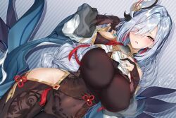Rule 34 | 1girl, black bodysuit, blush, bodysuit, breasts, clothing cutout, covered navel, eyes visible through hair, genshin impact, grey eyes, grey hair, hair over one eye, hand in own hair, hand up, hip vent, large breasts, long sleeves, looking at viewer, obiwan, parted lips, shenhe (genshin impact), shoulder cutout, solo, weisuoxin