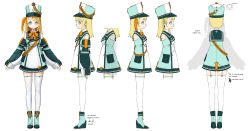 Rule 34 | 1girl, absurdres, blonde hair, blue eyes, boots, character sheet, detached sleeves, english text, feathers, garter straps, hat, highres, marching band, medium hair, multiple views, pengin pina, pleated skirt, prism project, rinotuna, sailor collar, sash, simple background, skirt, smile, solo, standing, thighhighs, turnaround, virtual youtuber, white background, white thighhighs