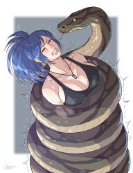 Rule 34 | 1girl, absurdres, anaconda, animal, bare shoulders, black tank top, blue hair, breasts, cirenk, closed eyes, constriction, dog tags, giant snake, highres, large breasts, leona heidern, oversized animal, ponytail, sleeveless, snake bondage, solo, tank top, the king of fighters, wrapped up