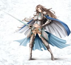 Rule 34 | 10s, 1girl, armor, armored boots, belt, boots, breasts, brown eyes, brown hair, cape, gauntlets, gluteal fold, granblue fantasy, hand on own hip, high heels, holding, holding sword, holding weapon, huge breasts, katalina (granblue fantasy), long hair, looking at viewer, navel, parted lips, shoulder armor, size hermitage, smile, solo, sword, very long hair, weapon