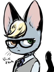 Rule 34 | 1boy, :&lt;, animal crossing, animal ears, animal nose, black-framed eyewear, blonde hair, blue necktie, body fur, cat boy, cat ears, cat tail, closed mouth, expressionless, furry, furry male, glasses, green eyes, grey fur, grey shirt, grey vest, half-closed eyes, heterochromia, japanese text, long sleeves, looking to the side, male focus, necktie, negoya, nintendo, orange eyes, pince-nez, raymond (animal crossing), shirt, short hair, simple background, sketch, solo, swept bangs, tail, translation request, upper body, vest, whiskers, white background