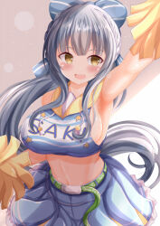 Rule 34 | 1girl, :d, armpits, blue bow, blue skirt, blush, bow, braid, breasts, brown eyes, character name, cheerleader, clothes writing, commentary request, crop top, drawstring, grey hair, hair bow, highres, hood, hood down, kashiwagi saki, large breasts, long hair, navel, ongeki, open mouth, pleated skirt, pom pom (cheerleading), sideboob, skirt, smile, solo, standing, striped, striped bow, very long hair, xenon (for achieve)
