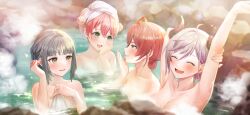 Rule 34 | 4girls, :d, absurdres, ahoge, armpits, atelier (series), atelier escha &amp; logy, atelier resleriana, bathing, blush, breasts, broken horn, brown hair, closed eyes, demon horns, escha malier, game cg, green eyes, grey hair, hair between eyes, hand on own arm, hand up, heidi (atelier), highres, horns, large breasts, linca (eighth) (atelier), long hair, looking at another, multicolored hair, multiple girls, non-web source, nude, official art, onsen, open mouth, outdoors, pink hair, purple hair, red hair, short hair, smile, steam, stretching, towel, towel on head, two-tone hair, upper body, valeria (atelier), water