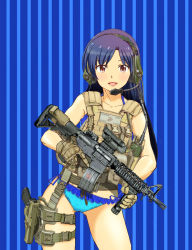Rule 34 | 1girl, ammunition pouch, bare arms, bikini, blue background, blue bikini, blue hair, blue ribbon, blush, brown gloves, buckle, bulletproof vest, collarbone, contrapposto, cowboy shot, frilled bikini, frills, glock, gloves, gluteal fold, gun, handgun, headset, holding, holding gun, holding weapon, holster, idolmaster, idolmaster (classic), kisaragi chihaya, long hair, looking at viewer, nakamura 3sou, parted bangs, pouch, red eyes, ribbon, scope, side-tie bikini bottom, skindentation, snap-fit buckle, solo, standing, straight hair, striped, striped background, swimsuit, thigh holster, thigh strap, vertical stripes, weapon, weapon request