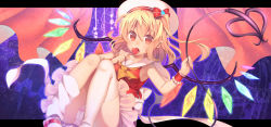 Rule 34 | 1girl, alternate headwear, ascot, blonde hair, candy, dress, flandre scarlet, food, hat, highres, laevatein, letterboxed, lollipop, looking at viewer, niwashi (yuyu), open mouth, panties, pantyshot, red dress, red eyes, side ponytail, single thighhigh, sitting, solo, thighhighs, touhou, underwear, upskirt, white panties, white thighhighs, wings