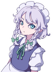 Rule 34 | 1girl, absurdres, apron, blue eyes, bow, braid, closed mouth, eyebrows hidden by hair, green bow, green ribbon, grey hair, highres, izayoi sakuya, kame (kamepan44231), looking at viewer, maid, maid headdress, medium hair, neck ribbon, one-hour drawing challenge, ribbon, short sleeves, side braids, simple background, solo, standing, touhou, twin braids, upper body, waist apron, white apron, white background