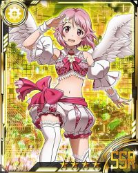 Rule 34 | 10s, 1girl, bloomers, bow, card (medium), crop top, detached sleeves, feathered wings, hair ornament, lisbeth (sao), lisbeth (sao-alo), looking at viewer, midriff, navel, open mouth, pink hair, pointy ears, red bow, red eyes, short hair, shorts, solo, star (symbol), sword art online, thighhighs, underwear, white thighhighs, white wings, wings, wrist cuffs