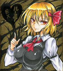 Rule 34 | 1girl, aged up, alternate breast size, black vest, blonde hair, breasts, character name, collar, collared shirt, commentary request, ex-rumia, hair ribbon, large breasts, lips, long sleeves, looking to the side, neckerchief, orange eyes, red neckerchief, red ribbon, ribbon, rumia, shiny clothes, shirt, sidelocks, smile, solo, touhou, traditional media, vest, white shirt, yagami (mukage)