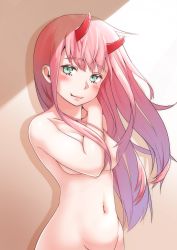 Rule 34 | 10s, 1girl, blush, breasts, closed mouth, collarbone, commentary request, convenient arm, darling in the franxx, fang, fang out, green eyes, groin, hair censor, hair over breasts, hair over one breast, head tilt, highres, horns, kagarimachi konatsu, large breasts, long hair, navel, nude, out-of-frame censoring, pink hair, smile, solo, very long hair, zero two (darling in the franxx)