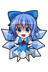Rule 34 | 1girl, bad id, bad pixiv id, blue eyes, blue hair, bow, chibi, cirno, dress, embodiment of scarlet devil, female focus, full body, hair bow, hands on own hips, highres, ice, matching hair/eyes, onsen tamago (nurumayu onsen), ribbon, short hair, simple background, solo, touhou, white background, wings