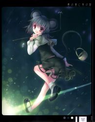 Rule 34 | 1girl, :q, absurdres, animal ears, basket, dowsing rod, female focus, grey hair, highres, legs, looking back, mouse (animal), mouse ears, mouse tail, nazrin, pointing, red eyes, short hair, solo, sousouman, tail, tongue, tongue out, touhou