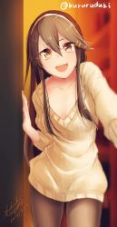 Rule 34 | 10s, 1girl, :d, alternate costume, black pantyhose, breasts, brown eyes, brown hair, cleavage, commentary request, dated, doorway, hair between eyes, hair ornament, hairband, hairclip, haruna (kancolle), highres, kantai collection, kururuduki, long hair, looking at viewer, medium breasts, open mouth, opening door, pantyhose, pov doorway, ribbed sweater, signature, smile, solo, sweater, twitter username, white hairband, white sweater