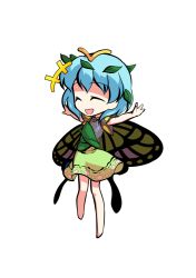 Rule 34 | +++, 1girl, antennae, aqua hair, barefoot, butterfly wings, chibi, closed eyes, dairi, dress, eternity larva, fairy, full body, green dress, hair between eyes, insect wings, leaf, leaf on head, multicolored clothes, multicolored dress, open mouth, short hair, short sleeves, single strap, smile, solo, spread legs, standing, tachi-e, touhou, transparent background, wings