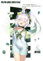 Rule 34 | 1girl, :d, absurdres, arms behind back, ayan (1593817922), black choker, breasts, choker, cleavage, closed eyes, collarbone, cowboy shot, dress, english text, facing viewer, falling petals, flower, genshin impact, gradient hair, green hair, hair between eyes, hair flower, hair ornament, heart, high side ponytail, highres, legs together, multicolored hair, nahida (genshin impact), off shoulder, open mouth, paw print, petals, pointy ears, short dress, sidelocks, signature, simple background, single bare shoulder, small breasts, smile, solo, thighs, translation request, white background, white dress, white flower, white hair, wings, yellow flower