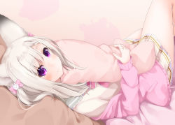 Rule 34 | 1girl, nanashi inc., animal ear fluff, animal ears, animare, bow, braid, cardigan, closed mouth, feet out of frame, grey hair, grey sailor collar, hair bow, highres, long hair, long sleeves, looking at viewer, lying, hugging object, off shoulder, on back, one side up, open cardigan, open clothes, pillow, pillow hug, pink bow, pink cardigan, pleated skirt, purple eyes, sailor collar, sch, school uniform, serafuku, shiromiya mimi, shirt, skirt, sleeves past wrists, smile, solo, virtual youtuber, white shirt, white skirt