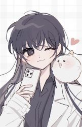 Rule 34 | 1girl, black eyes, black hair, black shirt, blush, cellphone, closed mouth, collared shirt, commentary, genderswap, genderswap (mtf), grey background, heart, holding, holding phone, jacket, kim dokja, long hair, long sleeves, looking at another, omniscient reader&#039;s viewpoint, one eye closed, phone, shin yoosung, shirt, simple background, smartphone, smile, symbol-only commentary, upper body, white jacket, ya qaq