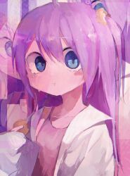 Rule 34 | 1girl, :t, abstract background, ahoge, blue eyes, blush stickers, camisole, cookie, eating, food, hair ornament, hair scrunchie, lab coat, long hair, looking at viewer, okusuri nonde neyou (vocaloid), pink camisole, pinosan, purple hair, scrunchie, sleeves past wrists, solo, tearing up, two side up, upper body, vocaloid