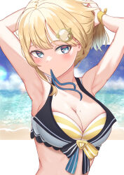 Rule 34 | 1girl, armpits, arms behind head, beach, bikini, blonde hair, blush, breasts, chahanramen, cleavage, hair ornament, hair tie, highres, hololive, hololive english, large breasts, looking at viewer, medium hair, mole, mole on breast, mouth hold, solo, swimsuit, tying hair, upper body, virtual youtuber, watson amelia