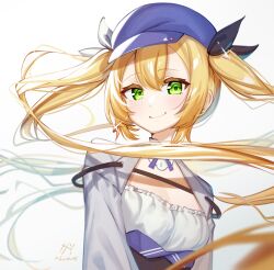 Rule 34 | 1girl, baseball cap, blonde hair, blue hat, closed mouth, commentary, dokibird (vtuber), english commentary, floating hair, glint, green eyes, grey jacket, hair between eyes, hair ribbon, hat, highres, indie virtual youtuber, jacket, long hair, looking at viewer, mikantine, open clothes, open jacket, ribbon, sidelocks, simple background, smile, solo, twintails, upper body, very long hair, virtual youtuber, white background
