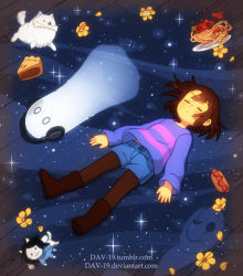 Rule 34 | 1boy, 1girl, :3, androgynous, annoying dog, artist name, bone, boots, brown footwear, brown hair, buttons, cake, cake slice, dav-19, denim, denim shorts, dog, empty eyes, closed eyes, floating hair, flower, flowey (undertale), food, frisk (undertale), full body, ghost, headphones, hot dog, knee boots, pantyhose under shorts, long sleeves, lying, meatball, mouth hold, napstablook, o o, on back, one eye closed, pantyhose, pantyhose under shorts, pasta, pie, pie slice, purple shirt, shirt, short hair, shorts, sleeping, spaghetti, sparkle, star (symbol), starry background, temmie, undertale, w.d. gaster, watermark, web address, wooden floor