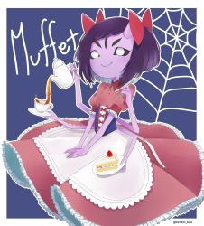 Rule 34 | 1girl, apron, cake, colored skin, dress, extra arms, extra eyes, fangs, food, highres, monster girl, muffet, purple skin, tea, undertale