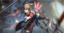 Rule 34 | 1girl, animal ears, arknights, between fingers, black jacket, black skirt, blonde hair, chinese commentary, closed mouth, cowboy shot, cutter (arknights), dadijiji, expressionless, female focus, floating, floating object, fox ears, glowing, glowing weapon, hair between eyes, hair ornament, hairclip, highres, holding, holding knife, holding sword, holding weapon, jacket, knife, knives between fingers, long sleeves, medium hair, miniskirt, off shoulder, open clothes, open jacket, orange eyes, red shirt, shirt, skirt, sleeveless, sleeveless shirt, solo, sword, thigh strap, thighs, topknot, weapon, x hair ornament