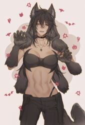 Rule 34 | 1girl, 7nite, abs, absurdres, alternate costume, animal ear fluff, animal ears, black choker, black hair, black pants, black tube top, choker, claws, collarbone, commentary, cowboy shot, crossed bangs, deren (path to nowhere), fangs, grey eyes, hair between eyes, halloween, heart, heart necklace, highres, jewelry, laughing, long hair, navel, necklace, open mouth, pants, path to nowhere, pink background, sharp teeth, solo, stomach, straight-on, strapless, symbol-only commentary, tail, teeth, tube top, wolf ears, wolf girl, wolf tail