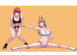 Rule 34 | 2girls, absurdres, black wristband, blonde hair, breasts, chainsaw man, cirenk, cleavage, clenched hand, clenched teeth, collarbone, covering privates, covering crotch, cunt punt, fangs, feet, gluteal fold, hair between eyes, highres, horns, knees together feet apart, leaning forward, makima (chainsaw man), medium breasts, mortal kombat (series), multiple girls, navel, open mouth, orange eyes, power (chainsaw man), punching, red hair, red horns, sidelocks, sitting, source request, split, sports bikini, sports bra, sportswear, standing, teeth, toeless legwear, white wristband, wristband