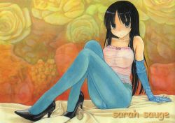 Rule 34 | 1girl, acrylic paint (medium), akiyama mio, aqua pantyhose, arm support, bad id, bad pixiv id, black eyes, black hair, blue pantyhose, breasts, camisole, cleavage, don&#039;t say &quot;lazy&quot;, elbow gloves, gloves, high heels, hime cut, k-on!, large breasts, legs, lingerie, long hair, nipples, painting (medium), panties, panties under pantyhose, pantyhose, pumps, sarah sauge, see-through, shirt, shoes, signature, solo, taut clothes, taut shirt, traditional media, underwear