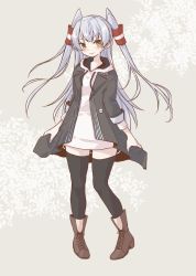 Rule 34 | 1girl, amatsukaze (kancolle), black jacket, black thighhighs, blush, boots, brown footwear, closed mouth, cocax x, full body, hair tubes, highres, hood, hooded jacket, jacket, kantai collection, long hair, long sleeves, official alternate costume, silver hair, smile, solo, thighhighs, two side up, yellow eyes