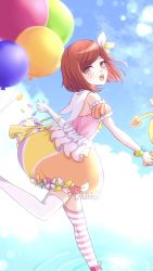 Rule 34 | 1girl, :o, airabi, alternate costume, bare shoulders, basket, bead bracelet, beads, blush, bracelet, candy, cloud, danganronpa (series), danganronpa v3: killing harmony, day, detached sleeves, feet out of frame, food, foot up, from side, hair ribbon, highres, holding, jewelry, multicolored clothes, multicolored skirt, orange eyes, orange ribbon, orange skirt, outdoors, pink shirt, pink skirt, red hair, ribbon, shirt, skirt, solo, standing, standing on one leg, striped clothes, striped thighhighs, teeth, thighhighs, upper teeth only, white ribbon, white thighhighs, yellow skirt, yumeno himiko