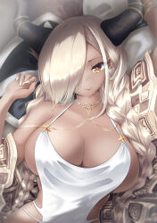 Rule 34 | 1girl, azur lane, black horns, blonde hair, braid, breasts, cleavage, dark-skinned female, dark skin, hair over one eye, highres, horn ornament, horns, jewelry, large breasts, large horns, long hair, looking at viewer, low twin braids, lying, mimelex, mole, mole under mouth, official alternate costume, on back, one-piece swimsuit, owari (azur lane), owari (shimmering forsythia) (azur lane), solo, swimsuit, twin braids, upper body, very long hair, white nails, white one-piece swimsuit, yellow eyes