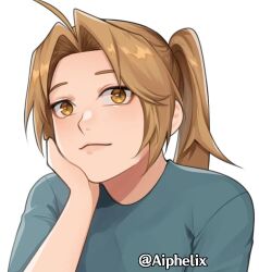 Rule 34 | 1boy, aiphelix, blonde hair, edward elric, fullmetal alchemist, grey shirt, long hair, looking at viewer, male focus, ponytail, shirt, simple background, smile, upper body, white background, yellow eyes