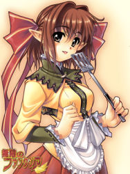 Rule 34 | apron, bow, brown eyes, brown hair, hair bow, ikeda yasuhiro, lowres, mugen no fantasia, pointy ears, short hair, simple background, smile, solo, spatula
